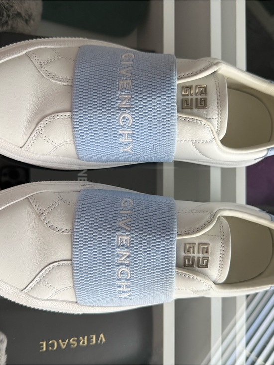 Givenchy Shoes - Givenchy White Leather Slip-Ons with Pale Blue Logo Band